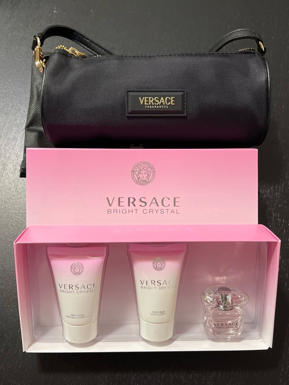 Versace Bright Crystal Pink Gradient Set with Black Logo Pouch